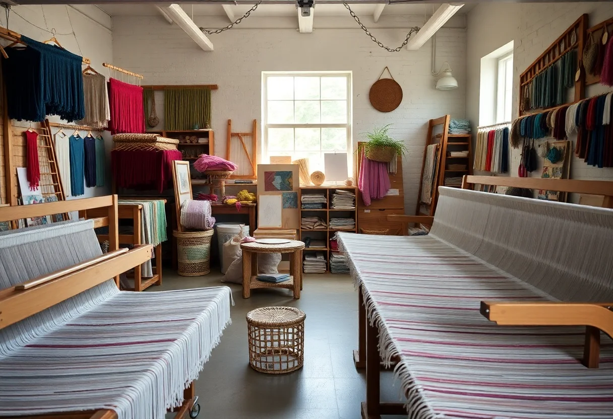 A bright and inspiring art studio with weaving looms and colorful materials