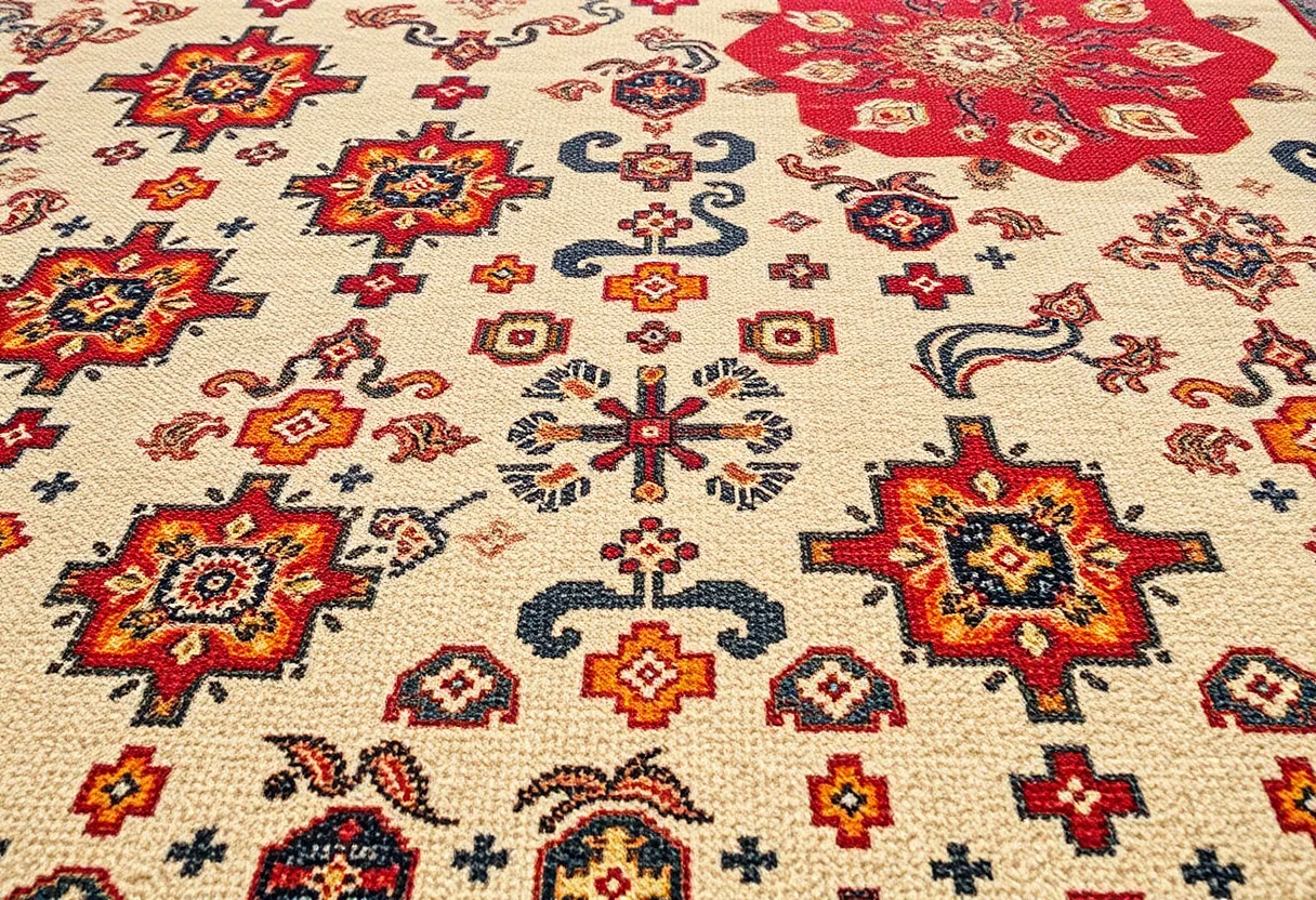 Detailed shot of a finished handmade Turkish rug with intricate patterns.