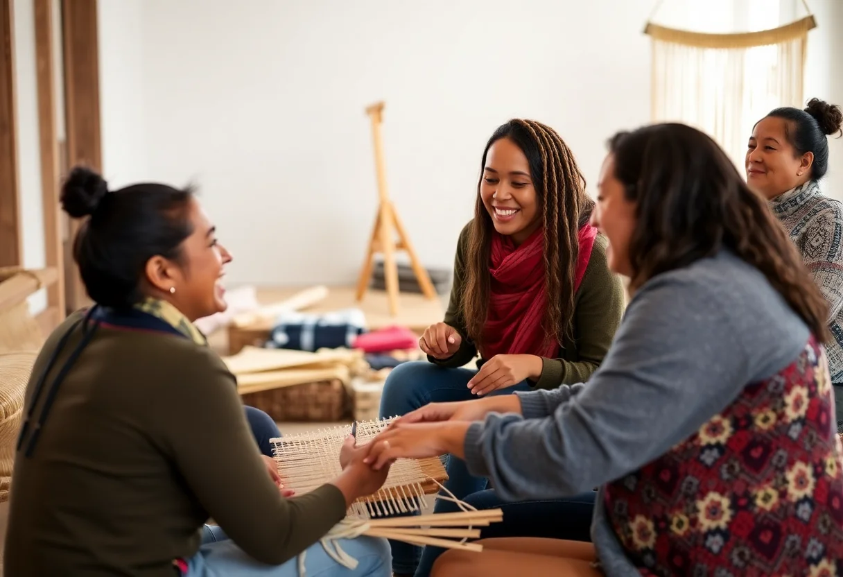 Participants laughing and working together during a weaving workshop.